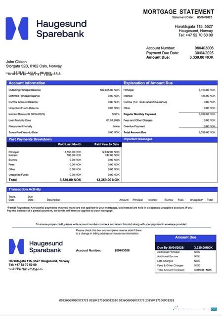 Download Norway Haugesund Sparebank mortgage statement Word and PDF template Photoshop template